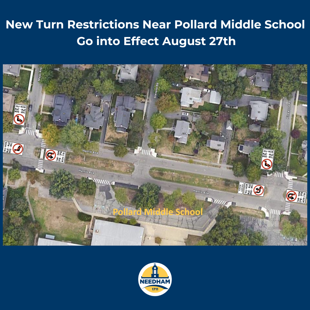 aerial photo of Pollard Middle School and surrounding streets with locations of turn restrictions 