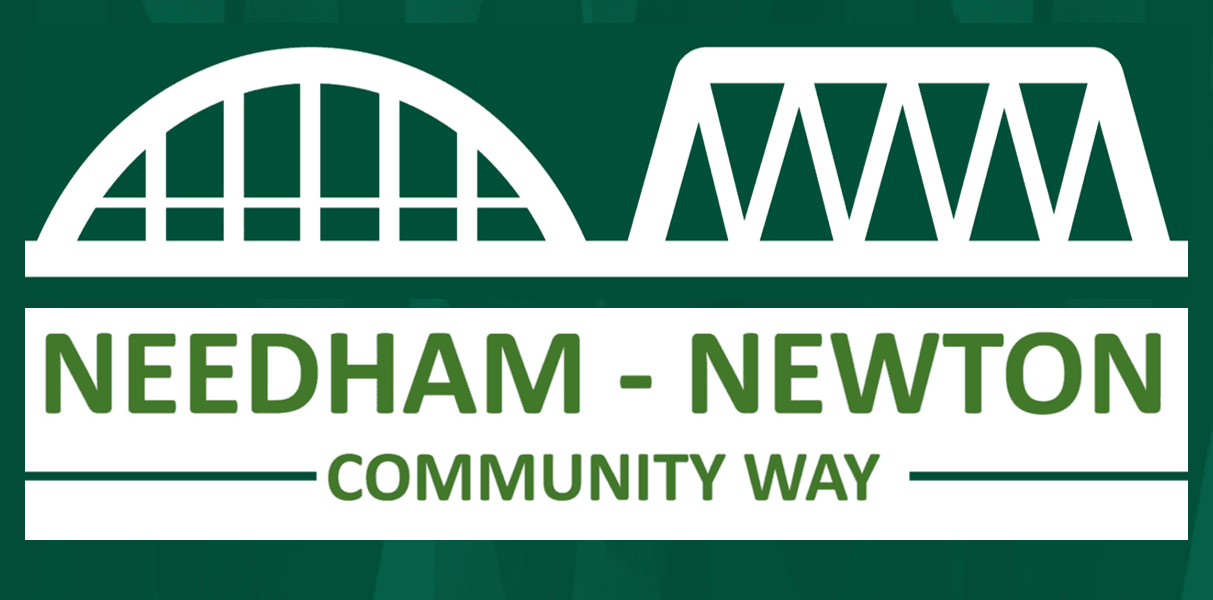 Logo for the community way project featuring two white bridges on a green background